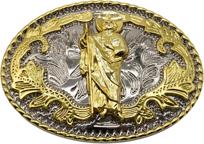 WMG Western St Jude Belt Buckle Gold Silver Saint Jude San Judas Cowboy Buckle Hebilla Vaquero Rodeo - Image 1